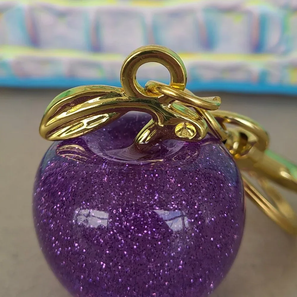 Purple Apple Purse Charm and Key Ring Sparkly Gold or Silver Toned Hardware